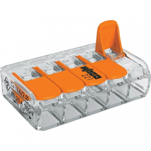 Клемма WAGO с рычагом, 5 отв, 0,14-4мм2, 32А, 221-415 (25шт)